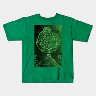 the mexican pyramids in teotihuacan green dragon aztec calendar Kids T-Shirt
